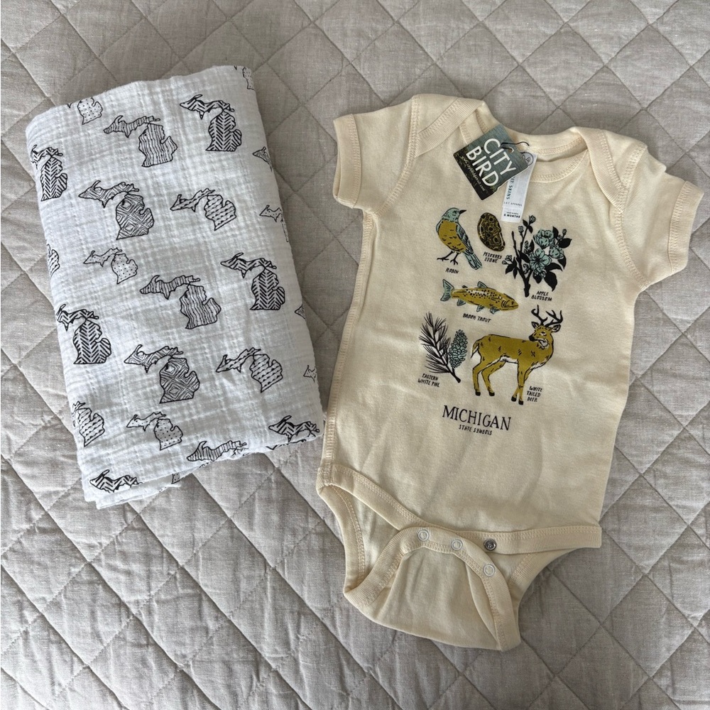 Trendy Boutique Nature Print Cream Onesie and White Muslin Blanket Set